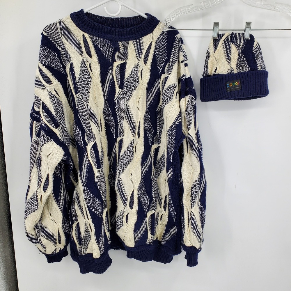 Coogi Australia Basics Navy Blue Cream 3D Textured Knit Sweater Beanie Set XXL